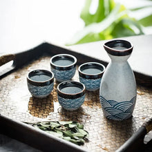 Load image into Gallery viewer, Blue Waves Sake Set | Japanese Painted Ceramic Tokkuri Bottle and Ochoko Cup - 5 Pc