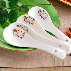 Lucky Cat Soup Spoon | Asian White Ceramic Bone China - 1 Pc