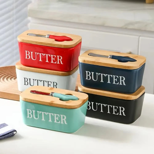 Cute Butter Dish | Colorful Bamboo Lid and Knife Holder Ceramic - 1 Set