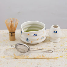 Load image into Gallery viewer, Evil Eye Matcha Bowl Set | Tea Whisk Holder Sift Bamboo - 5 Pc