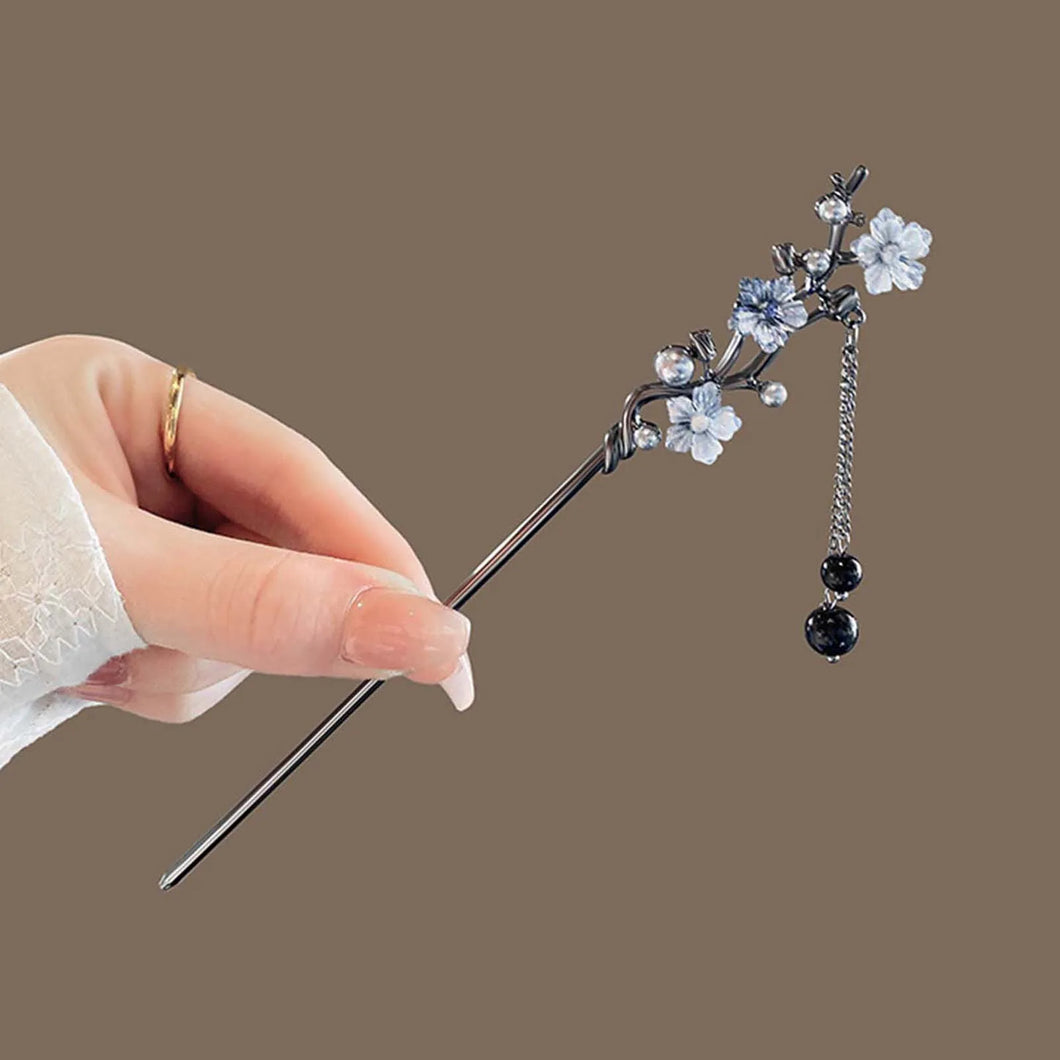 Dark Blue Floral Cute Hair Sticks | Chinese Silver Plated Metal Pin - 1 Pc