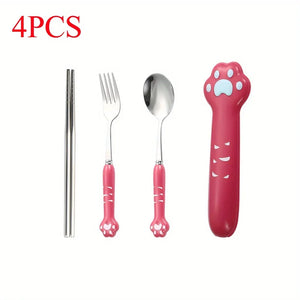 Cat Paw Travel Utensil Set | Stainless Steel Metal Flatware with Case