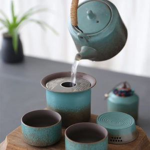 Spring Blue Chinese Tea Set with Giftbox | Modern Pottery Cups - 8 Pc