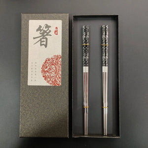 Black & Silver Floral Korean Metal Stainless Steel Chopsticks with Holders| 2/3/5 Pairs