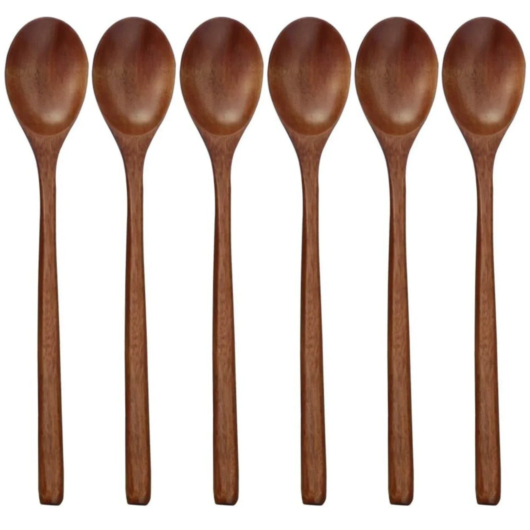 Long Handle Wooden Asian Soup Spoons | Chinese Tableware - 6 Pc set