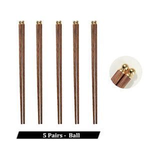 Natural Wood Gold Accent Wooden Luxury Chinese Chopsticks - 5 Pair Set