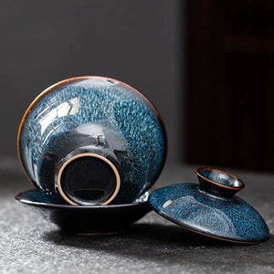 Exquisite Blue Glaze Gaiwan | Textured Steeping Tea Cup with Lid and Saucer - 1 Set