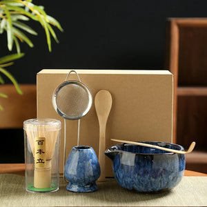 Blue Textured Matcha Tea Set | Bowl Sifter Spoon Scoop Whisk Holder - 6 Pc