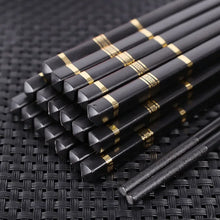 Load image into Gallery viewer, Black Metal with Gold Accent Non-Slip Luxury Chopsticks - 10 Pair Set