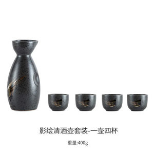 Black Gold Japanese Sake Set | Hand-painted Porcelain Tokurri Sake Bottle and Ochoko Sake Cup