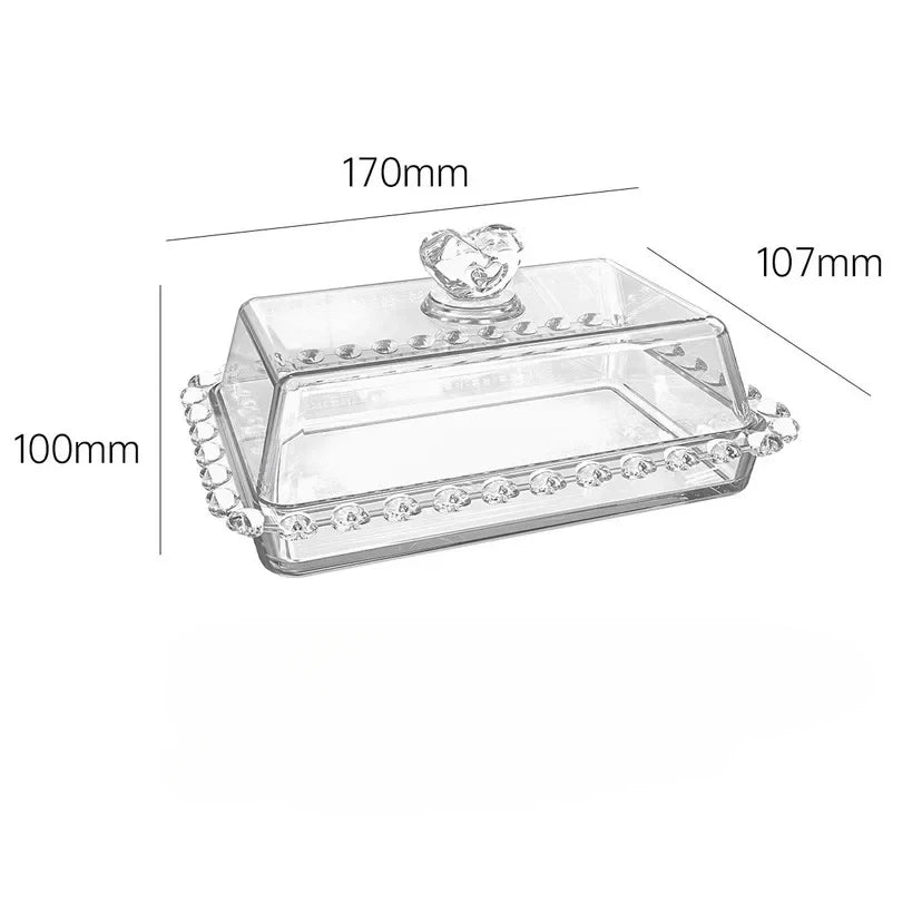 Glass Butter Dish | Cute Rectangular Storage with Heart Crown Lid - 1 Set