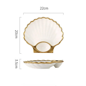 Shell Japanese Sushi Plates | Gold Luxury Ceramic Serving Plate with Sauce Holder - 1 Pc