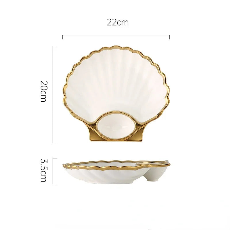 Shell Japanese Sushi Plates | Gold Luxury Ceramic Serving Plate with Sauce Holder - 1 Pc