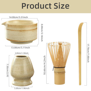 White Japanese Matcha Whisk Stand Chawan Bowl Bamboo Whisk Set - 4 Pc