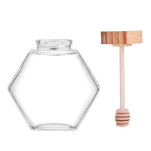 Load image into Gallery viewer, Small Honey Jar with Dipper | Hexagonal Glass Bottle with Wooden Stick - 1 Set