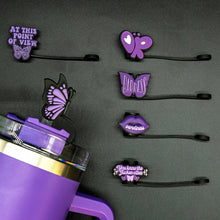 Load image into Gallery viewer, Purple Butterfly Straw Toppers | Silicone Cup Covers - 6 Pc Set