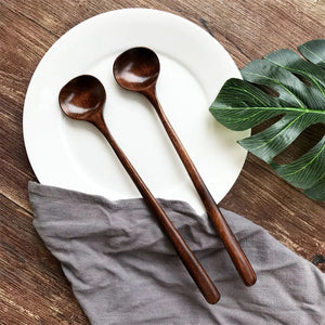 Long Handle Asian Soup Spoons | Natural Wooden Utensil - 1/2 Pc