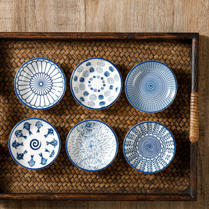 Mini Ceramic Soy Sauce Dish | Blue & White Dipping Bowls - 6 Pc Set