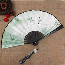 Load image into Gallery viewer, Crane Hand Chinese Fan | Silk Bamboo Folding with Tassel - 1 Pc