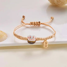 Load image into Gallery viewer, Brown Lucky Cat Braided Bracelet | Adjustable Ceramic Kitty Jewelry with Gold Charm - 1 Pc