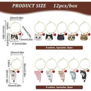 Cute Cat Wine Glass Charms | Cup Rings Drink Markers - 12 Pc Set