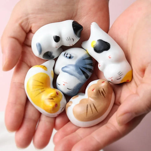 Sleeping Lucky Cat Chopsticks Holder | Cute Japanese Ceramic Rests - 5 Pc Set
