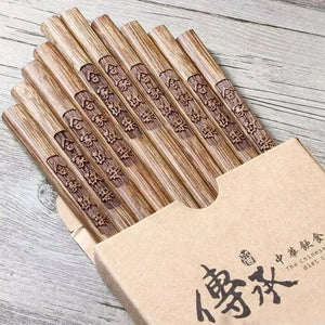 Wood Engraving Luxury Chopsticks | Chinese Blessing Chopstick Set - 10 Pairs