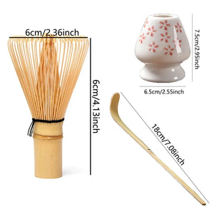 Pink Cherry Blossom Matcha Tool Set | Bamboo Whisk, Tea Scoop, and Holder - 3 Pc