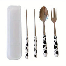 Load image into Gallery viewer, Cute Cow Print Travel Utensil Set | Metal Chopsticks, Fork, Spoon with Case