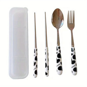 Cute Cow Print Travel Utensil Set | Metal Chopsticks, Fork, Spoon with Case