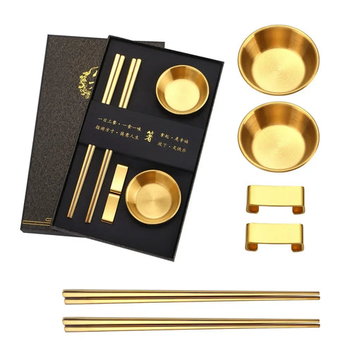 Gold Metal Chopsticks Gift Set | Holder Soy Sauce Dish - 1 Set