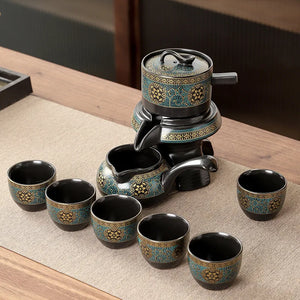 Ornate Blue Chinese Tea Set with Gift Box | Gongfu Ceramic Rotary - 8 Pc