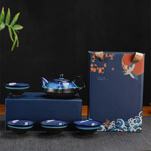 Ornate Deep Blue Ceramic Tea Pot and Cup Set | Kung Fu Teaware - 1 Set