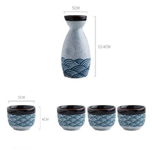 Load image into Gallery viewer, Blue Waves Sake Set | Japanese Painted Ceramic Tokkuri Bottle and Ochoko Cup - 5 Pc