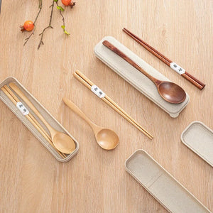 Brown Wooden Spoon and Chopsticks Portable Travel Set with Case