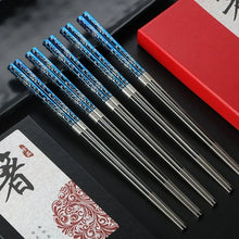 Load image into Gallery viewer, Blue &amp; Silver Floral Gift Set Korean Stainless Steel Metal Chopsticks - 2/3/5 Pairs