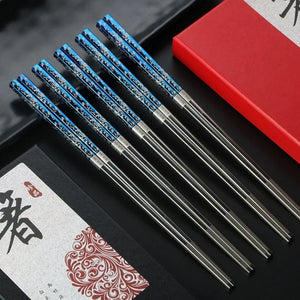 Blue & Silver Floral Gift Set Korean Stainless Steel Metal Chopsticks - 2/3/5 Pairs