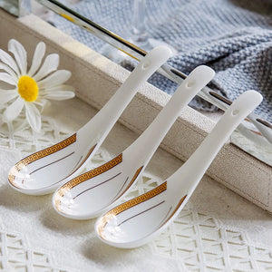 White & Gold Bone China Spoon | Chinese Asian Soup Spoons - 6 Pc Set