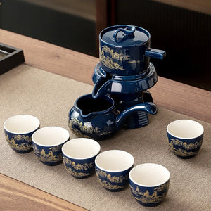 Ornate Blue Chinese Tea Set with Gift Box | Gongfu Ceramic Rotary - 8 Pc