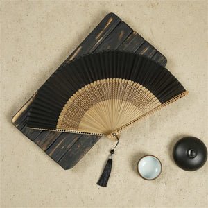 Carved Bamboo Japanese Hand Fan | Traditional Wooden - 1 Pc