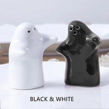 Load image into Gallery viewer, Black &amp; White Ghost Salt and Pepper Shakers | Ceramic Halloween Seasoning - 2 Pc Set