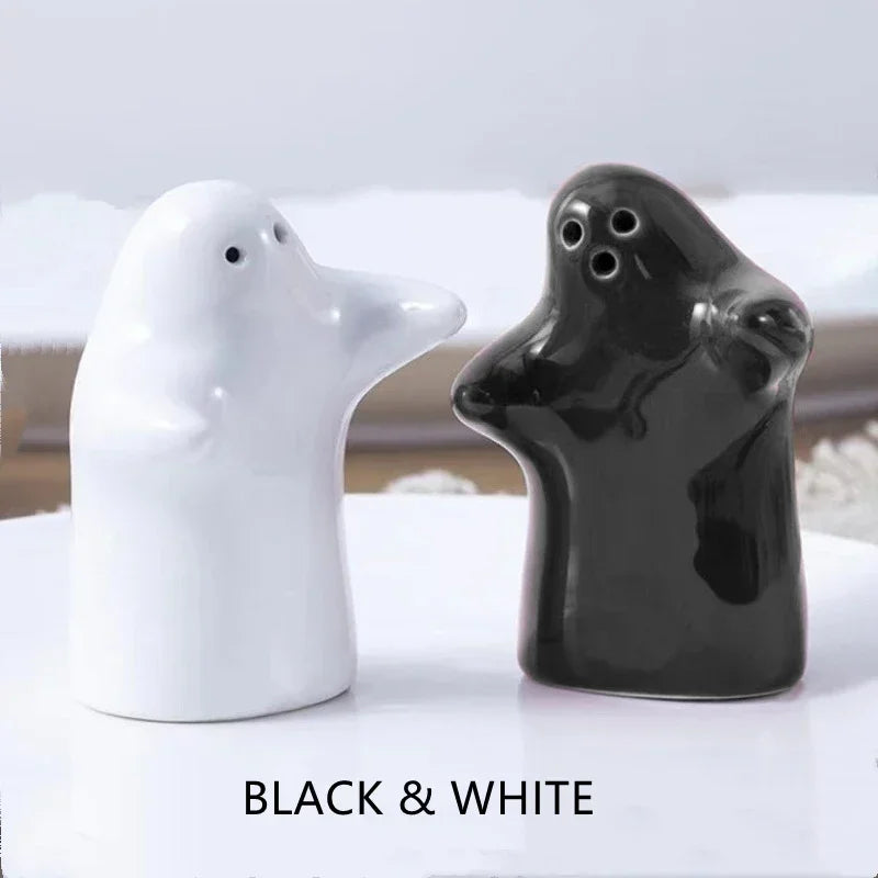 Black & White Ghost Salt and Pepper Shakers | Ceramic Halloween Seasoning - 2 Pc Set