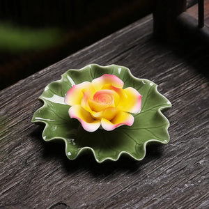 White Lotus Green Leaf Incense Holder | Ceramic Floral Burner Tray - 1 Pc