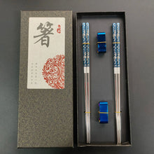 Load image into Gallery viewer, Blue &amp; Silver Floral Gift Set Korean Stainless Steel Metal Chopsticks - 2/3/5 Pairs