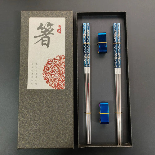 Blue & Silver Floral Gift Set Korean Stainless Steel Metal Chopsticks - 2/3/5 Pairs