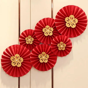 Red Hanging Paper Fan | Chinese Vietnamese Wedding Decor - 6 Pc