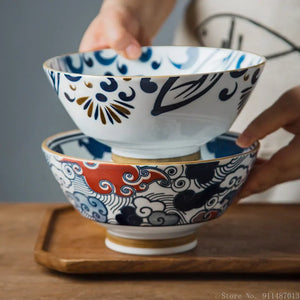 Blue & White Ramen Bowl | Japanese Retro Ceramic Noodle Rice Donburi Bowls - 1 Pc