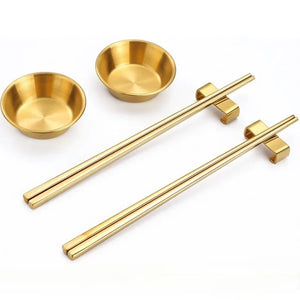 Gold Metal Chopsticks Gift Set | Holder Soy Sauce Dish - 1 Set