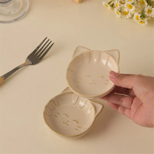 Ceramic Cat Soy Sauce Dish Set | Dipping Seasoning Small Bowl - 2 Pc