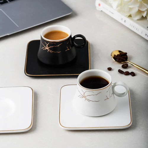 Modern Demitasse Espresso Cups with Saucers | Black & White Mini Coffee - 1 Set